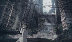 Rule 34 | 1girl, asymmetrical hair, bad id, bad pixiv id, brown eyes, brown hair, building, cityscape, dress, hair ornament, hairclip, highres, iwakura lain, looking at viewer, meola, outdoors, power lines, ruins, scenery, serial experiments lain, short hair, sleeveless, solo, water, white dress
