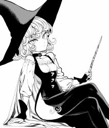 Rule 34 | 1girl, breasts, cloak, dress, greyscale, halloween, halloween costume, hat, highres, crossed legs, monochrome, no panties, official art, one-punch man, short hair, simple background, sitting, small breasts, solo, tatsumaki, thighhighs, wand, white background, witch hat