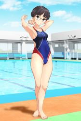 Rule 34 | 1girl, absurdres, androgynous, armpits, arms behind back, black-framed eyewear, black eyes, black hair, blue sky, cloud, collarbone, competition swimsuit, day, feet, full body, glasses, highres, looking at viewer, multicolored clothes, multicolored swimsuit, navel, one-piece swimsuit, original, outdoors, parted lips, pool, short hair, sky, solo, standing, swimsuit, takafumi, toes