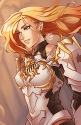 Rule 34 | 1girl, armor, blonde hair, bodysuit, breasts, brown eyes, brown hair, cleavage, clothing cutout, hakuramen, highres, holding, kisara (tales), long hair, looking at viewer, shield, shoulder armor, simple background, smile, solo, tales of (series), tales of arise