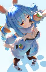 Rule 34 | 1girl, :3, :t, animal ear fluff, animal ears, black gloves, black leotard, blue hair, bow, braid, breasts, brown pantyhose, carrot hair ornament, carrying, closed mouth, commentary request, detached sleeves, don-chan (usada pekora), dress, eating, eyebrows hidden by hair, food, food-themed hair ornament, from above, full body, fur-trimmed dress, fur-trimmed gloves, fur trim, gloves, hair between eyes, hair bow, hair ornament, highres, holding, holding food, hololive, leotard, long hair, looking at viewer, looking up, multicolored hair, pantyhose, puffy short sleeves, puffy sleeves, rabbit-shaped pupils, rabbit ears, rabbit tail, revision, short eyebrows, short sleeves, small breasts, smug, standing, strapless, strapless dress, strapless leotard, symbol-shaped pupils, thick eyebrows, twin braids, twintails, two-tone hair, usada pekora, usada pekora (1st costume), very long hair, virtual youtuber, white bow, white dress, white hair, white sleeves, yoka1chi