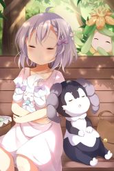 Rule 34 | 1girl, :d, :o, ^ ^, ahoge, alcremie, bag, bench, blush, bow, braid, character request, closed eyes, closed mouth, collarbone, creatures (company), dress, eating, facing viewer, flower, food, game freak, gen 5 pokemon, gen 8 pokemon, grey hair, hair bow, hand to own mouth, holding, holding flower, holding food, indeedee, lilligant, macaron, nintendo, on bench, open mouth, park bench, pokemon, pokemon (creature), purple bow, short sleeves, sitting, smile, stick jitb, tree, white dress, white flower