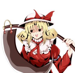 Rule 34 | 1girl, blonde hair, elly (touhou), female focus, hat, hat ribbon, highres, jitome, open mouth, over shoulder, ribbon, scythe, shino (moment), simple background, solo, sweatdrop, teeth, touhou, touhou (pc-98), weapon, weapon over shoulder