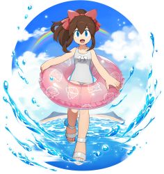 Rule 34 | 1girl, alternate eye color, alternate hair color, android, blue eyes, blue sky, bow, brown hair, cloud, facing viewer, full body, hair bow, highres, holding, holding swim ring, innertube, long hair, looking at viewer, mega man (classic), mega man (series), mega man x (series), mega man x dive, mizuno keisuke, official art, open mouth, ponytail, rainbow, roll (mega man), school swimsuit, sky, smile, solo, summer, swim ring, swimsuit, transparent background, water