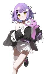 Rule 34 | 1girl, absurdres, closed mouth, dress, ghost hair ornament, highres, holding, holding stuffed toy, jacket, logknn, long sleeves, medium hair, off shoulder, purple hair, shinomiya runa, shoes, simple background, solo, standing, standing on one leg, stuffed animal, stuffed toy, virtual youtuber, vspo!, white background, white dress, yellow eyes
