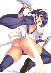 Rule 34 | 1girl, ass, bad id, bad pixiv id, black hair, black thighhighs, blue eyes, breasts, cleavage, highres, iroha (samurai spirits), large breasts, looking at viewer, looking back, partially visible vulva, revealing clothes, rokko, samurai spirits, short hair, sideboob, simple background, snk, solo, thighhighs, thighs, weapon, white background