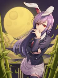 Rule 34 | 1girl, absurdres, animal ears, bamboo, black thighhighs, blush, breasts, closed mouth, collared shirt, cowboy shot, eyebrows, highres, long hair, looking at viewer, medium breasts, moon, necktie, purple hair, rabbit ears, red eyes, red necktie, reisen udongein inaba, shirt, skirt, smile, solo, standing, thighhighs, touhou, white skirt, wnehdrl, zettai ryouiki