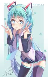 Rule 34 | 1girl, aqua hair, bare shoulders, black skirt, black sleeves, black thighhighs, blue eyes, blue nails, blue necktie, blush, breasts, character name, closed mouth, collared shirt, commentary request, detached sleeves, double v, gradient background, green background, hair between eyes, hair ornament, hands up, hatsune miku, highres, long hair, long sleeves, medium breasts, nail polish, necktie, pixiv id, pleated skirt, shirt, signature, skirt, sleeveless, sleeveless shirt, smile, solo, teratsuki, thighhighs, twintails, twitter username, two-tone background, v, very long hair, vocaloid, white background, white shirt, wide sleeves