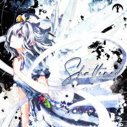Rule 34 | 1girl, abstract background, album cover, attack, blue dress, blue eyes, blue hair, collared dress, cover, crystal, dress, expressionless, from side, hair rings, hand on own chest, ice, kaku seiga, ruuya higashino, short hair, short sleeves, solo, takamachi walk, touhou