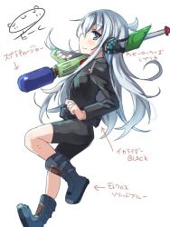 Rule 34 | 10s, 1girl, alternate costume, artist name, black shorts, boots, commentary request, darkside, ear protection, grey eyes, gun, hibiki (kancolle), kantai collection, long hair, looking at viewer, nintendo, rifle, shorts, silver hair, smile, solo, splat charger (splatoon), splatoon (series), splatoon 1, translation request, water gun, weapon