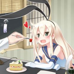Rule 34 | 10s, 1girl, :d, blonde hair, cake, cake slice, elbow gloves, feeding, food, fork, fruit, gloves, green eyes, hair ribbon, heart, ink bottle, jewelry, kantai collection, keizoo, long hair, open mouth, plate, pov feeding, quill, ribbon, ring, shimakaze (kancolle), smile, solo focus, strawberry, strawberry shortcake, wind chime