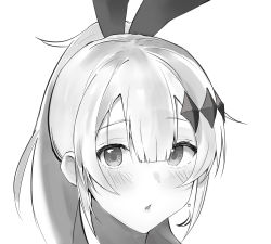 Rule 34 | 1girl, bad id, bad pixiv id, blush, crescent, crescent earrings, earrings, eyelashes, five-seven (girls&#039; frontline), girls&#039; frontline, greyscale, hair between eyes, hair ornament, high ponytail, highres, jewelry, long hair, looking at viewer, monochrome, parted bangs, ponytail, portrait, rabbit hair ornament, sidelocks, simple background, solo, tareme, very long hair, white background, zengi