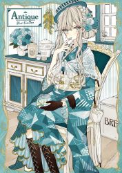 Rule 34 | 1girl, akakura, aqua kimono, black footwear, blue eyes, blue flower, blue rose, blush, boots, bouquet, braid, bucket, chair, chest of drawers, closed umbrella, commentary request, cross-laced footwear, cup, flower, french braid, grey hair, hair bun, hair flower, hair ornament, hat, highres, holding, holding jar, japanese clothes, jar, kimono, lace-trimmed sleeves, lace-up boots, lace trim, light blush, light frown, long sleeves, looking at viewer, md5 mismatch, nail polish, obi, original, resolution mismatch, rose, sash, shawl, sidelocks, signature, single hair bun, sitting, solo, source larger, striped clothes, striped headwear, umbrella, vertical-striped clothes, vertical-striped headwear, vertical-stripes, white flower, white rose, wide sleeves, window, yellow nails