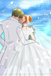 Rule 34 | 10s, 1boy, 1girl, bare shoulders, black suit, blonde hair, blush, bouquet, bridal veil, bride, carrying, couple, dress, earrings, elbow gloves, eye contact, flower, formal, gloves, groom, hair over one eye, hetero, highres, jewelry, kiss, looking at another, nami (one piece), necklace, one piece, pearl necklace, sanji (one piece), short hair, strapless, strapless dress, suit, veil, wedding dress, white dress, white gloves, yamadaenako