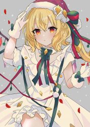 Rule 34 | 1girl, alternate costume, blonde hair, commentary, cowboy shot, dress, flandre scarlet, frilled dress, frills, fur-trimmed gloves, fur trim, gloves, green ribbon, grey background, hair between eyes, hat, highres, long hair, looking at viewer, multicolored wings, necono (nyu6poko), one side up, red eyes, red ribbon, ribbon, santa hat, short sleeves, simple background, solo, touhou, white dress, white gloves, wings