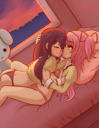 Rule 34 | 10s, 2girls, akemi homura, alternate eye color, alternate hair length, alternate hairstyle, artist name, ass, between legs, black hair, bra, butt crack, caffeccino, cityscape, closed eyes, clothes lift, commentary, dutch angle, hair ribbon, hairband, hand on another&#039;s head, highres, kaname madoka, long hair, looking at another, lying, mahou shoujo madoka magica, mahou shoujo madoka magica (anime), multiple girls, on back, open clothes, open shirt, panties, pillow, pink panties, ribbon, shirt, shirt lift, smile, stuffed animal, stuffed toy, two side up, underwear, window, yellow eyes, yuri