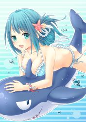 Rule 34 | 1girl, aimori meguru, air bubble, ass, bikini, blue eyes, blue hair, bubble, butt crack, folded ponytail, freediving, highres, inflatable toy, long hair, lying, matching hair/eyes, on stomach, original, shark, side ponytail, solo, swimming, swimsuit, underwater