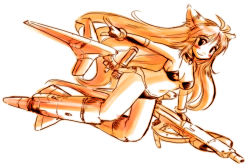 Rule 34 | 1girl, animal ears, bikini, blush, breasts, flying, gomamiso (gomamiso sp), long hair, looking at viewer, mecha musume, monochrome, orange theme, original, simple background, smile, solo, swimsuit, very long hair, white background