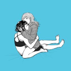 Rule 34 | 2girls, barefoot, blue background, bra, bracelet, commentary, greyscale with colored background, highres, hood, hood down, hoodie, jewelry, long hair, long sleeves, multiple girls, nacl 022, original, screentones, short hair, shorts, simple background, sitting, straddling, symbol-only commentary, underwear, yuri