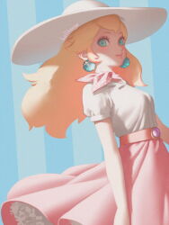 Rule 34 | 1girl, artist name, bellhenge, belt, blonde hair, blue background, blue eyes, closed mouth, clothes lift, commentary, earrings, english commentary, frilled skirt, frills, gleam, hat, jewelry, lipstick, long eyelashes, long hair, long skirt, looking at viewer, makeup, mario (series), neckerchief, nintendo, pink belt, pink lips, pink neckerchief, pink skirt, polka dot neckerchief, princess peach, princess peach (vacation), puffy short sleeves, puffy sleeves, shirt, short sleeves, skirt, skirt lift, smile, solo, sphere earrings, striped, striped background, sun hat, super mario odyssey, white hat, white shirt