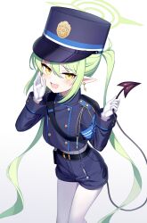 Rule 34 | 1girl, :d, absurdres, armband, belt, black belt, blue archive, blue armband, blue hat, blue jacket, blue shorts, blush, commentary, demon tail, earrings, fang, gloves, gradient background, green hair, green halo, grey background, hair between eyes, halo, hat, highres, jacket, jewelry, kim nico, long hair, long sleeves, looking at viewer, nozomi (blue archive), open mouth, pantyhose, pointy ears, shorts, skin fang, smile, solo, standing, tail, twintails, very long hair, white background, white gloves, white pantyhose, yellow eyes