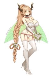 Rule 34 | 1girl, ;), artist name, bare shoulders, blunt bangs, blush, bouquet, braid, breasts, choker, commentary, diadem, elbow gloves, english commentary, flower, full body, garter belt, gloves, hair flower, hair ornament, high heels, holding, holding bouquet, horns, insect wings, jewelry, large breasts, light brown hair, long hair, looking at viewer, navel, necklace, one eye closed, original, panties, ponytail, shoes, simple background, single braid, smile, solo, standing, terupancake, thighhighs, twitter username, underwear, very long hair, white background, white choker, white flower, white footwear, white gloves, white panties, white thighhighs, wings
