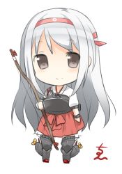 Rule 34 | 10s, armor, armored boots, bad id, bad pixiv id, blush, boots, bow (weapon), chibi, end tieno, hairband, japanese clothes, kantai collection, long hair, looking at viewer, lowres, miko, muneate, shoukaku (kancolle), silver hair, simple background, smile, solo, thigh boots, thighhighs, weapon, white background