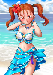 Rule 34 | 1girl, absurdres, beach, breasts, cleavage, dragon quest, dragon quest viii, embarrassed, flower, hair flower, hair ornament, highres, jessica albert, jewelry, looking at viewer, necklace, orange hair, solo, swimsuit, twintails