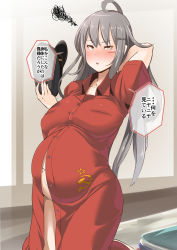 Rule 34 | 1girl, alternate costume, arm behind head, blush, breasts, facial scar, gangut (kancolle), grey hair, hair ornament, hairclip, hammer and sickle, hat, holding, holding clothes, holding hat, kantai collection, konoshige (ryuun), large breasts, long hair, orange eyes, peaked cap, pregnant, red robe, robe, scar, scar on cheek, scar on face, solo, squiggle, standing, translated, unworn hat, unworn headwear
