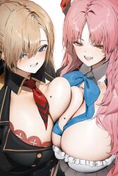 Rule 34 | 2girls, asuna (blue archive), asymmetrical docking, blonde hair, blue archive, blue eyes, blush, bra, breast press, breasts, cleavage, collared shirt, frills, grin, hair over one eye, highres, horns, large breasts, light brown hair, long hair, long sleeves, looking at viewer, mole, mole on breast, multiple girls, necktie, open mouth, pink hair, poharo, red necktie, satsuki (blue archive), shirt, smile, swept bangs, underwear, veins, veiny breasts