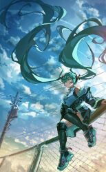 Rule 34 | 1girl, absurdres, barbed wire, green eyes, green hair, hatsune miku, hayateluc, highres, sitting, sky, solo, twintails, utility pole, vocaloid