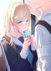 Rule 34 | 1boy, 1girl, absurdres, ahoge, alternate costume, alternate hairstyle, armband, backpack, bag, black serafuku, blonde hair, blue eyes, blue neckerchief, blush, braid, breasts, cellphone, commentary, embarrassed, from side, hair ornament, head out of frame, hetero, highres, holding, holding phone, hololive, kazama iroha, leaf hair ornament, long hair, long sleeves, neckerchief, parted lips, phone, rin (rin illust 0805), school uniform, serafuku, small breasts, smartphone, solo focus, standing, sunlight, sweatdrop, symbol-only commentary, train interior, translated, twin braids, upper body, virtual youtuber
