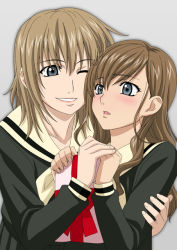 Rule 34 | 00s, 2girls, ;d, blonde hair, brown hair, gift, grey background, grey eyes, holding hands, isse, long sleeves, maria-sama ga miteru, multiple girls, official style, one eye closed, open mouth, parted lips, sailor collar, satou sei, school uniform, serafuku, simple background, smile, teeth, toudou shimako, upper body