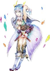 Rule 34 | 1girl, atelier (series), atelier sophie, blue hair, boots, breasts, center opening, cleavage, feathers, female focus, full body, gloves, green eyes, hair ornament, hairclip, jewelry, large breasts, leon (atelier), long hair, necklace, official art, simple background, skirt, solo, tongue, tongue out, white background, yuugen