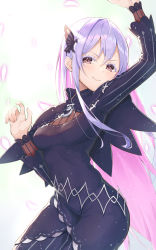 Rule 34 | 1girl, arm up, blue dress, breasts, butterfly hair ornament, capelet, closed mouth, colored eyelashes, commentary request, dress, echidna (re:zero), hair between eyes, hair ornament, hand up, highres, long hair, long sleeves, looking at viewer, medium breasts, pink hair, purple eyes, re:zero kara hajimeru isekai seikatsu, sidelocks, smile, solo, standing, very long hair, white background, yujongzzang