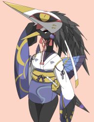 Rule 34 | 1girl, beak, bird girl, black umbrella, blue skirt, brown background, character request, closed mouth, commentary request, cowboy shot, furry, furry female, lets0020, long sleeves, looking at viewer, mask, mask on head, obi, oil-paper umbrella, onmyoji, sash, shirt, simple background, skirt, solo, tassel, umbrella, white shirt, wide sleeves, yellow sash
