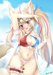 Rule 34 | 1girl, absurdres, ahoge, animal ear fluff, animal ears, arm up, artist name, bikini, black hair, blonde hair, blue bikini, blue hair, blue sky, blush, bow, breasts, bridal garter, cleavage, closed mouth, cloud, collarbone, commentary, day, dripping, ebiko yaki, food, fox ears, fox girl, fox tail, hair bow, hair ornament, hair over shoulder, hairclip, hand up, heart, heart-shaped pupils, highres, holding, holding food, hololive, jacket, large breasts, long hair, looking at viewer, melting, mismatched bikini, multicolored bikini, multicolored clothes, multicolored hair, multiple hair bows, off shoulder, official alternate hairstyle, omaru polka, omaru polka (school uniform), open clothes, open jacket, outdoors, pink hair, popsicle, purple eyes, red bikini, short sleeves, side ponytail, sidelocks, single bare shoulder, sitting, sky, smile, solo, streaked hair, summer, swimsuit, symbol-shaped pupils, tail, thighs, twitter username, very long hair, virtual youtuber, wariza, white bikini, white jacket, wrist cuffs
