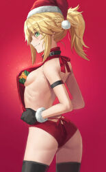 Rule 34 | 1girl, arched back, ass, back, bare arms, bare shoulders, belt, blonde hair, box, braid, breasts, fate/apocrypha, fate (series), from side, gift, gift box, green eyes, grin, hat, highres, long hair, looking at viewer, looking to the side, meme attire, mordred (fate), mordred (fate/apocrypha), ponytail, pout, profile, red background, red sweater, santa hat, sideboob, simple background, small breasts, smile, solo, sweater, teeth, thighs, tonee, virgin killer sweater