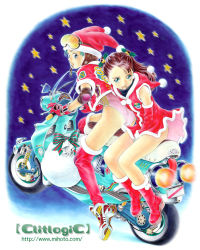 Rule 34 | 2girls, blue eyes, boots, brown hair, child, christmas, clitlogic, hat, legs, leotard, looking at viewer, looking back, mihoto kouji, motor vehicle, motorcycle, multiple girls, multiple riders, open mouth, santa costume, shoes, sitting, thighhighs, vehicle