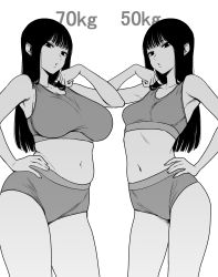 Rule 34 | 1girl, armpits, bare shoulders, bra, breasts, fumitan (humitan), greyscale, hand on own hip, highres, long hair, looking at viewer, monochrome, navel, original, panties, parted lips, simple background, stomach, underwear, underwear only, white background