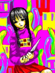 Rule 34 | 1girl, braid, knife, madotsuki, pink shirt, shirt, skirt, solo, twin braids, yume nikki