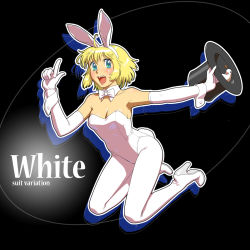 Rule 34 | animal ear hairband, animal ears, bird, blonde hair, blue eyes, boots, bow, bowtie, detached collar, dove, elbow gloves, fake animal ears, food, fruit, fukusuke hachi-gou, gloves, green theme, hat, highres, leotard, magician, original, pantyhose, playboy bunny, rabbit ear hairband, rabbit ears, short hair, solo, thigh boots, thighhighs, top hat, white theme, white thighhighs, wrist cuffs