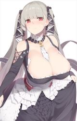 Rule 34 | 1girl, azur lane, between breasts, black dress, blush, breasts, cleavage, closed mouth, clothes lift, collarbone, dress, dress lift, earrings, enosan, formidable (azur lane), frilled dress, frills, from above, grey hair, hair ribbon, highres, huge breasts, jewelry, lifted by self, long hair, long sleeves, looking at viewer, nail polish, red eyes, ribbon, simple background, solo, sweat, twintails, very long hair, white background