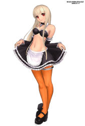 Rule 34 | 00s, 1girl, 2006, albino, alternate legwear, arm garter, blonde hair, bridal garter, capcom, capcom fighting jam, clothes lift, curtsey, dated, detached collar, full body, ingrid (capcom), legs, legs together, lifting own clothes, lips, maid, mary janes, midnight bliss, midriff, orange thighhighs, pinup (style), red eyes, ryu (ryu&#039;s form site), shoes, simple background, solo, standing, thighhighs, white background