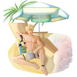 Rule 34 | 1boy, animal ears, anklet, arknights, beach umbrella, blonde hair, blue eyes, dog ears, highres, jewelry, looking at viewer, male focus, open mouth, skateboard, solo, tequila (arknights), topless male, umbrella