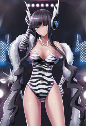 Rule 34 | 1girl, alternate costume, animal print, black hair, blue eyes, breasts, cleavage, coat, commentary request, cosplay, creatures (company), elesa (pokemon), fur coat, game freak, gen 5 pokemon, hair between eyes, hand in own hair, hand on own hip, headlight, headphones, highres, jewelry, jojobirdz, leotard, long hair, looking at viewer, necklace, nintendo, patterned clothing, pokemon, pokemon (creature), pokemon bw2, revealing clothes, simple background, solo, tagme, thighs, twintails, very long hair, zebra print, zebstrika