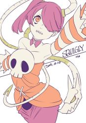 Rule 34 | 1girl, 2018, alternate color, arm up, detached collar, detached sleeves, hair over one eye, leviathan (skullgirls), pale skin, parted lips, purple hair, skullgirls, solo, squigly (skullgirls), stitched mouth, stitches, striped sleeves, umemura12k, white background, zombie