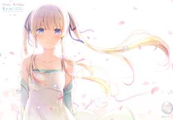 Rule 34 | 1girl, 6u (eternal land), artist name, blonde hair, blue eyes, blush, bow, bowtie, breasts, bubble, character name, collarbone, commentary, dress, floral print, happy birthday, jacket, long hair, looking at viewer, off shoulder, open clothes, open jacket, petals, saenai heroine no sodatekata, sawamura spencer eriri, signature, simple background, sleeveless, small breasts, smile, twintails, upper body, white background