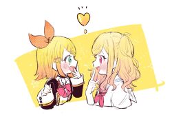 Rule 34 | 2girls, :d, blazer, blonde hair, blue eyes, blush, bow, bowtie, buttons, collared shirt, commentary request, cropped torso, finger to mouth, from side, gradient hair, hair bow, hair ornament, hairclip, hand to own mouth, heart, hexagram, jacket, kagamine rin, lapels, long hair, looking at another, looking to the side, multicolored clothes, multicolored hair, multicolored jacket, multiple girls, neckerchief, notice lines, open collar, open mouth, orange bow, partial commentary, pink bow, pink bowtie, pink eyes, pink hair, pink neckerchief, plaid, plaid jacket, polka dot, polka dot bow, poppu usagi, profile, project sekai, sailor collar, school uniform, serafuku, shirt, short hair, sleeve cuffs, smile, sparkle, star (symbol), teeth, tenma saki, twintails, two-tone jacket, upper body, upper teeth only, vocaloid, wavy hair, white background, white jacket, white sailor collar, white serafuku, white shirt, white trim, x hair ornament, yellow background