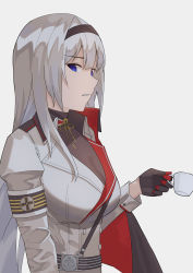Rule 34 | 1girl, absurdres, anchor symbol, azur lane, black cape, black gloves, black hairband, blue eyes, bodystocking, breasts, cape, cleavage, cup, from side, gloves, grey hair, hairband, half gloves, highres, holding, holding cup, jacket, large breasts, long hair, mainz (azur lane), military, military uniform, satuki 518, simple background, solo, uniform, upper body, white background, white jacket